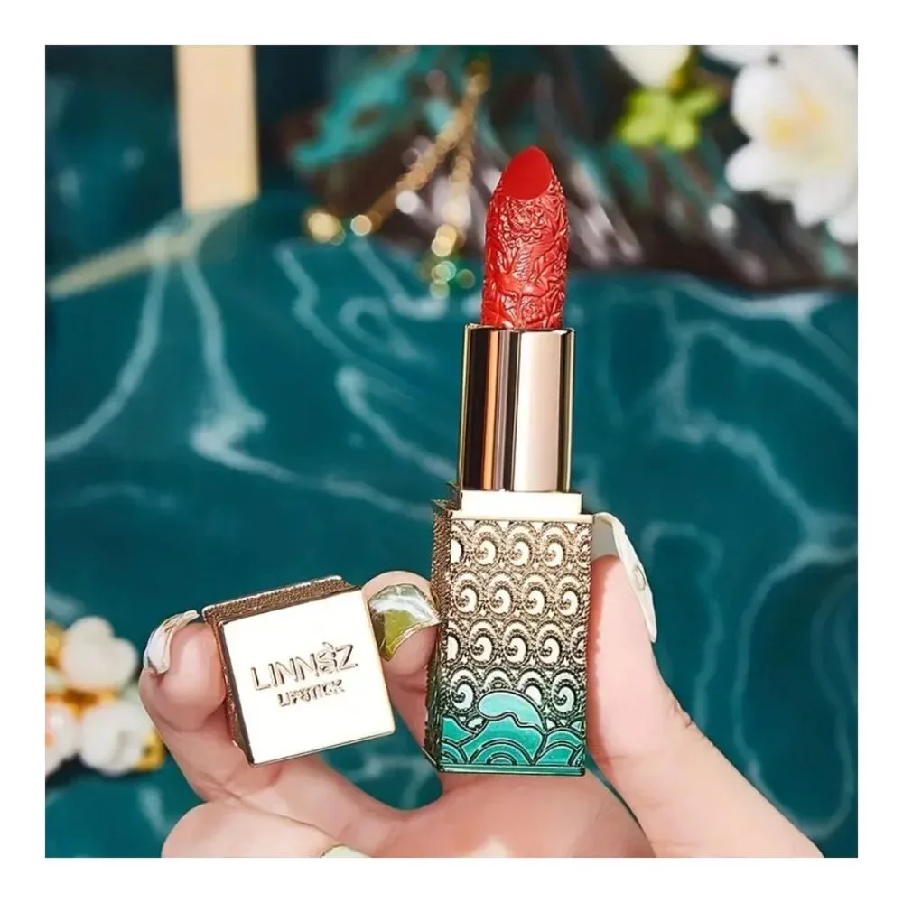 Luxury Blue Silver Ocean Cased Carved Velvet Red Tomato & Brown Lipsticks - Picture 8 of 13